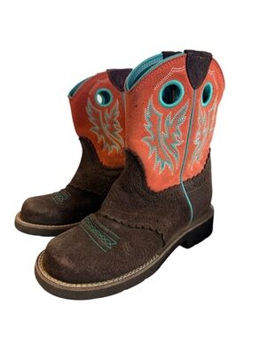 Ariat Kids Cowboy Boots Brown Leather Turquoise Embroidered Western 4LR Youth